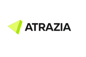 Logo Atrazia agencia de marketing digital con icono geométrico verde y tipografía moderna en negro sobre fondo transparente